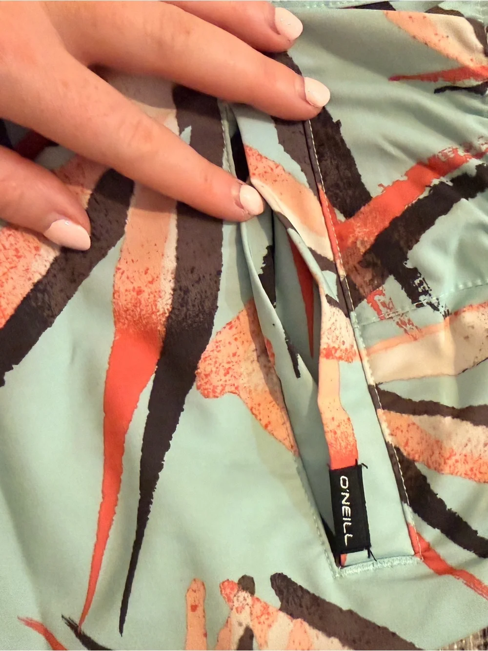 O'Neill Mint Blue Tropical Print Swim Shorts with Coral and Black Accents